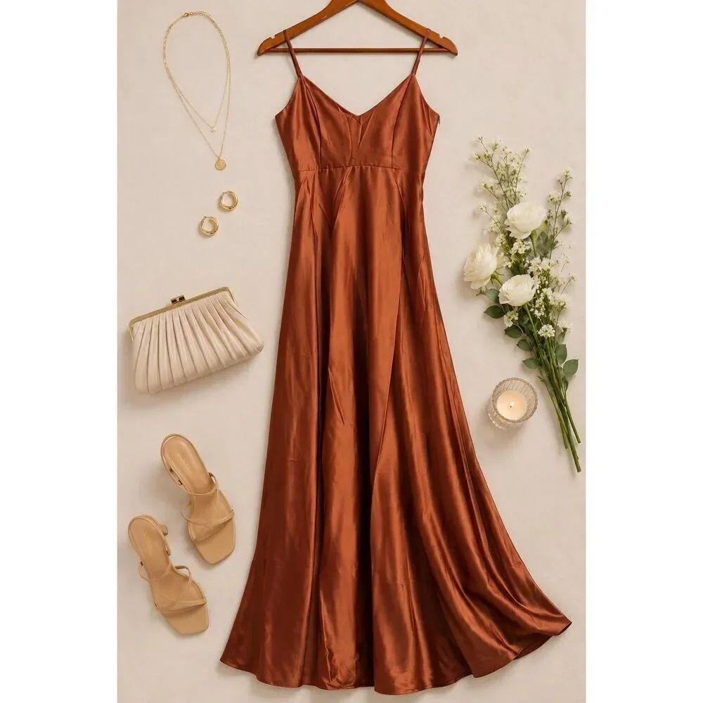 Show Me Your Mumu Faith Copper Satin Slip Maxi Dress Wedding Guest Formal XXS